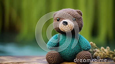 Colorful Crocheted Teddy Bear On Wooden Table Stock Photo