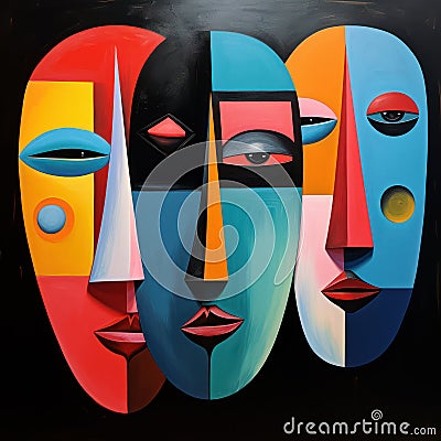 Harmonious cubist faces in a symphony of shapes. AI generation Stock Photo