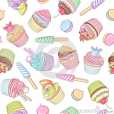 Colorful cupcake lollipop marshmallow seamless vector pattern Vector Illustration