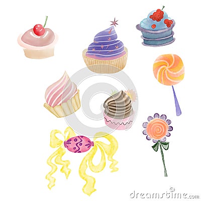 Colorful cupcakes, candies and lollipops drawn by watercolor, pencil Stock Photo