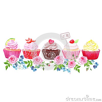 Colorful cupcakes with flowers vector design stripe Vector Illustration