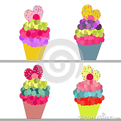 Colorful cupcakes vector background with hearts Vector Illustration