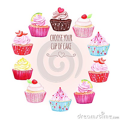 Colorful cupcakes vector design round frame Vector Illustration