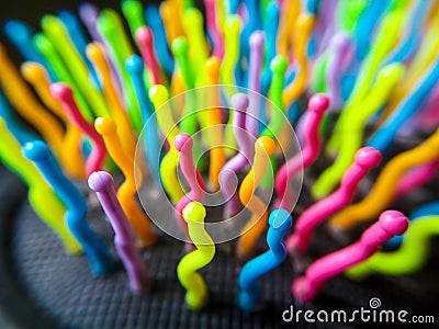 Colorful curly plastic pins on a dark surface Stock Photo