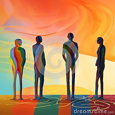 Colorful Curves And Surreal Impressions: A Metamodernist Illustration Of Four Groupings Stock Photo