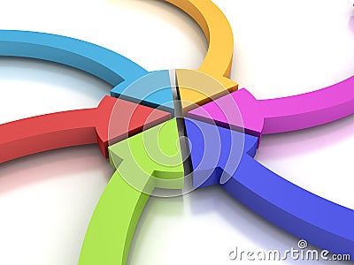 Colorful curving arrows sweep inward to point at the center Stock Photo
