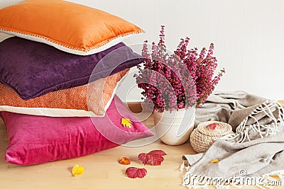 Colorful cushions throw cozy home autumn mood flower Stock Photo