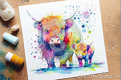 Colorful cute adorable Highland cow and baby calf Stock Photo