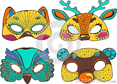 Colorful cute animal masks Vector Illustration