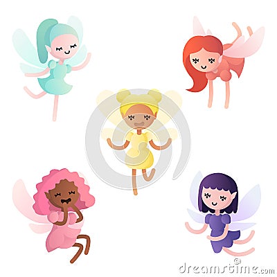 Vector set of various little cartoon fairies in different colors Vector Illustration