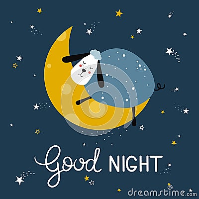 Colorful cute background with sheep, moon, stars and english text. Good night Vector Illustration
