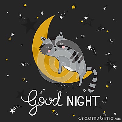 Colorful cute background with sleeping raccoon, moon, stars and english text. Good night Vector Illustration