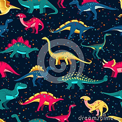 Colorful cute dinosaurs on black background. Vector seamless pattern. Fun textile cartoon kids print design Vector Illustration