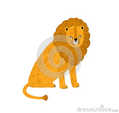 Colorful cute hand drawn lion with big mane vector flat illustration. Funny wild exotic carnivorous animal sitting Vector Illustration