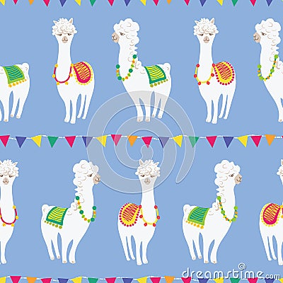 Colorful cute llama party under bunting seamless vector pattern for fabric, wallpaper, scrapbooking or backgrounds. Vector Illustration