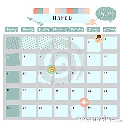 Colorful cute March 2018 calendar with lion,bear Vector Illustration