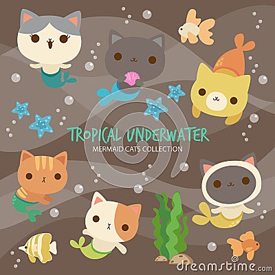 Tropical Underwater Mermaid Cats Vector Illustration