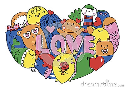 Colorful cute monsters form in hearted shape with the letters LOVE for printed tee, cards,invitations . Vector illustrations. Vector Illustration