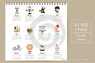 Colorful cute monthly calendar 2017 with rabbit,cake,cherry,bear,girl,strawberry and fox.Can be used for Vector Illustration