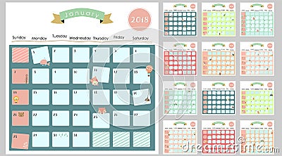 Colorful cute monthly calendar 2018 with squirrel,duck,reindeer,hippopotamus,giraffe,cat,lion and bear.Can be used for Vector Illustration