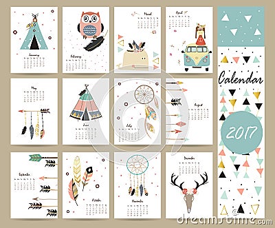 Colorful cute monthly calendar 2017 with tent,whale,feather Vector Illustration