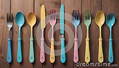 Colorful Cutlery Arrangement, Generative AI Stock Photo