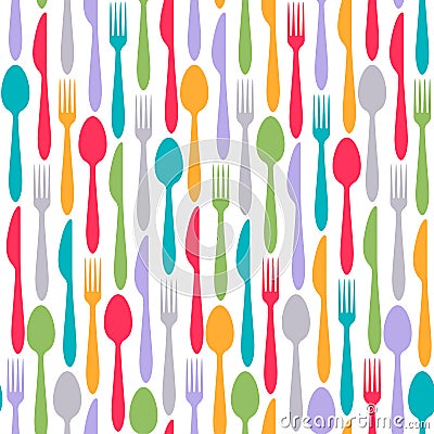 Colorful cutlery pattern. Fork, spoon and knife background. Vector Illustration