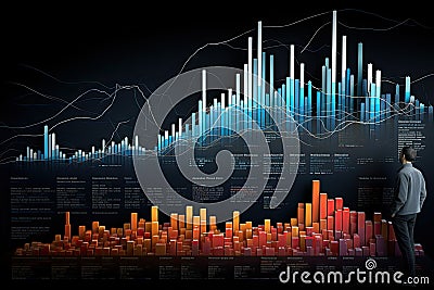 Colorful 3D bar graph and line data visualization with various height bars and overla Stock Photo