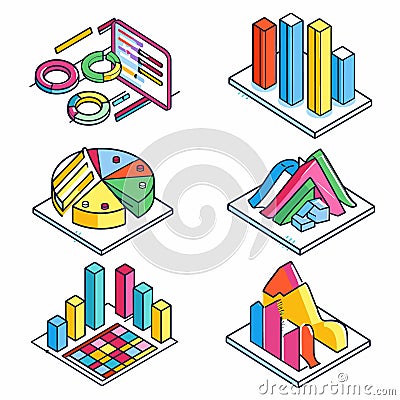 Colorful 3D isometric graphs charts representing business analytics data visualization Vector Illustration