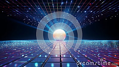 Colorful dance floor. Music stage. Disco ball show performance begin with lighting and audience. Concert illuminated by spotlights Stock Photo