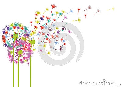 Colorful dandelions in wind Vector Illustration