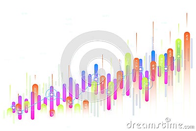 Colorful data visualization with vertical bars and line graph. 3D Rendering Stock Photo