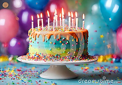 Colorful decorated birthday cake with lit colored candles. Stock Photo