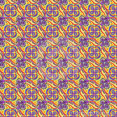 Vivid seamless floral symmetrical pattern in mauve and black over yellow background Stock Photo