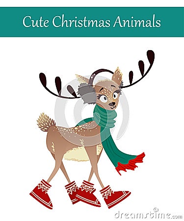 Colorful Deer Wearing Warm Winter Clothes Vector Illustration