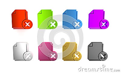 Colorful Delete file document icon isolated on white background. Rejected document icon. Cross on paper. Minimalism Cartoon Illustration