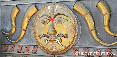 Ramanagara, Karnataka, India - May 29, 2010 Colorful Demon face of Drishti Bommai talisman Editorial Stock Photo