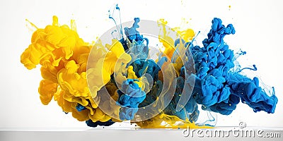 colorful density smoke in blue and yellow colors blew up Stock Photo