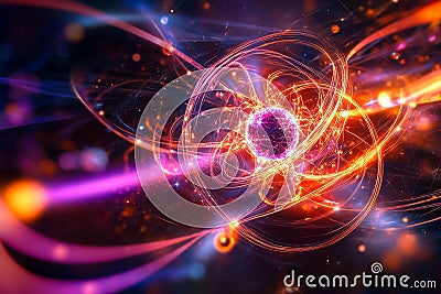 Colorful depiction of quantum computing elements showcasing particle interactions in a dynamic, swirling environment Stock Photo