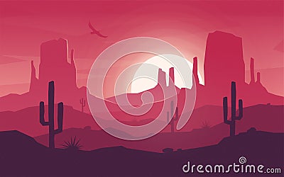 Colorful desert landscape at hot sunset. Vector Illustration