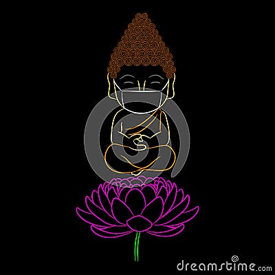 Colorful design of an adorable and cute smiling Buddha wearing a protective mask against Coronavirus while meditating on a Lotus Vector Illustration