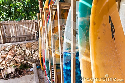 Colorful design surf boards at the rack at the beach in Indonesia Editorial Stock Photo