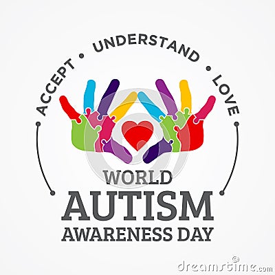 Colorful design word world autism awareness day with hand puzzle Vector Illustration