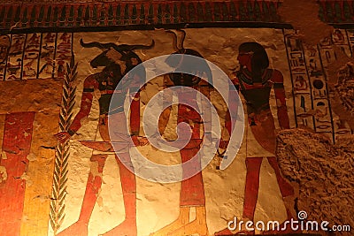 The designs in Queen Nefertari tomb in Queens valley in Luxor Editorial Stock Photo