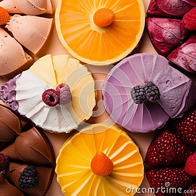 colorful desserts arranged in a circle on a beige background Stock Photo