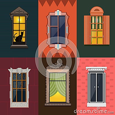 Colorful Detailed Night Windows Collection Vector Illustration