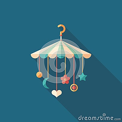 Baby crib hanging toys flat square icon with long shadows. Vector Illustration