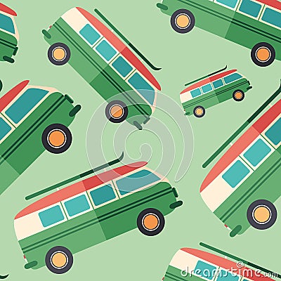 Tourist minivan flat icon seamless pattern. Vector Illustration