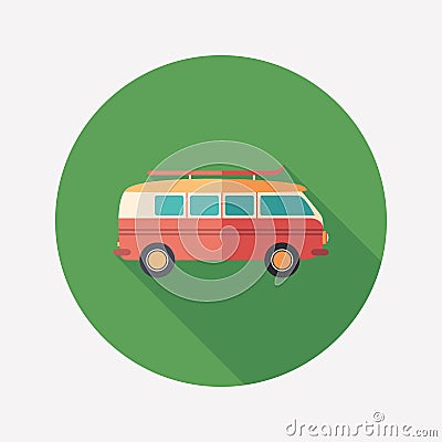 Retro minivan flat round icon with long shadows. Vector Illustration