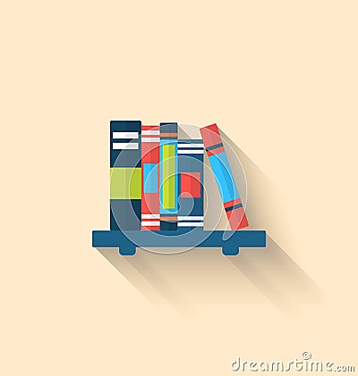 Colorful Different Books on the Shelf with Long Shadows Vector Illustration